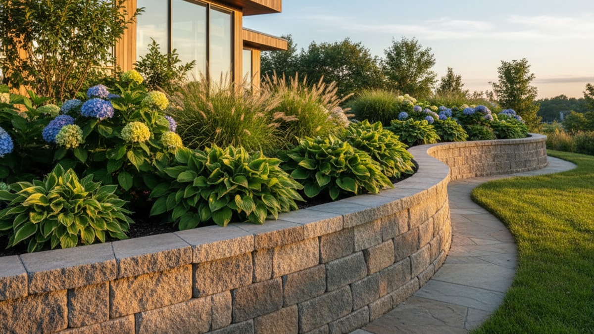 Tiered concrete retaining wall stabilizing a slope on a Rayne hillside lot — Abshire Brothers Lawn & Landscape