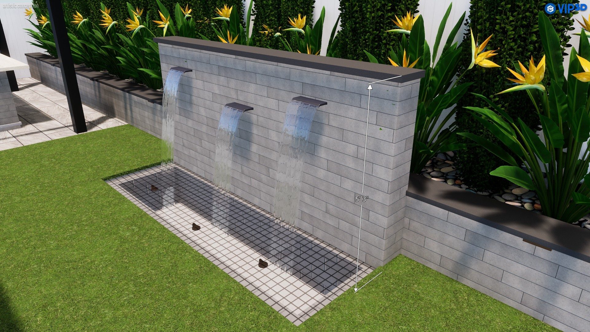 Melville-block water feature wall with the concealed recirculating reservoir below
